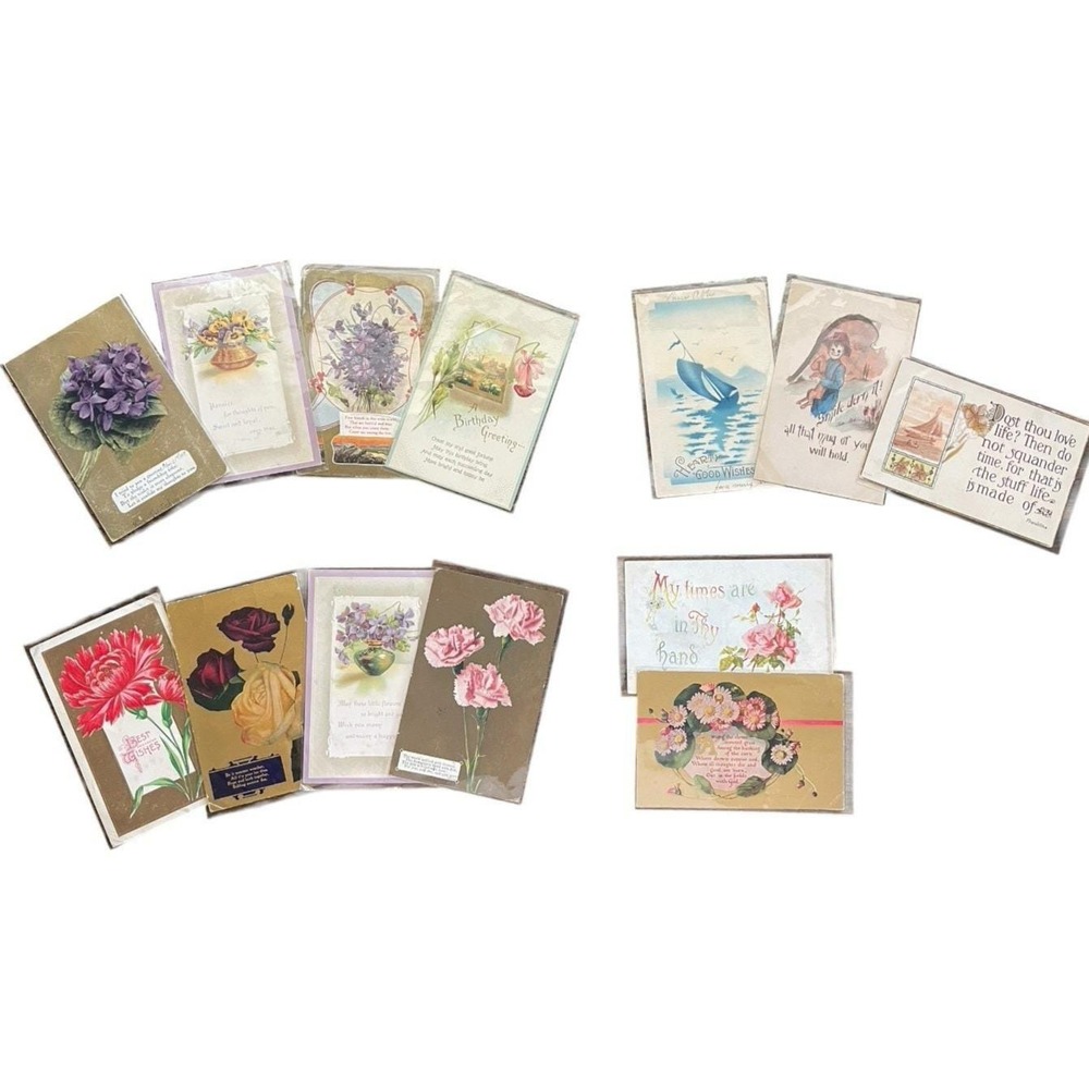 Set of 13 Antique Postcards Greetings Flowers Sailboat Tom Yad 1910s in Sleeves